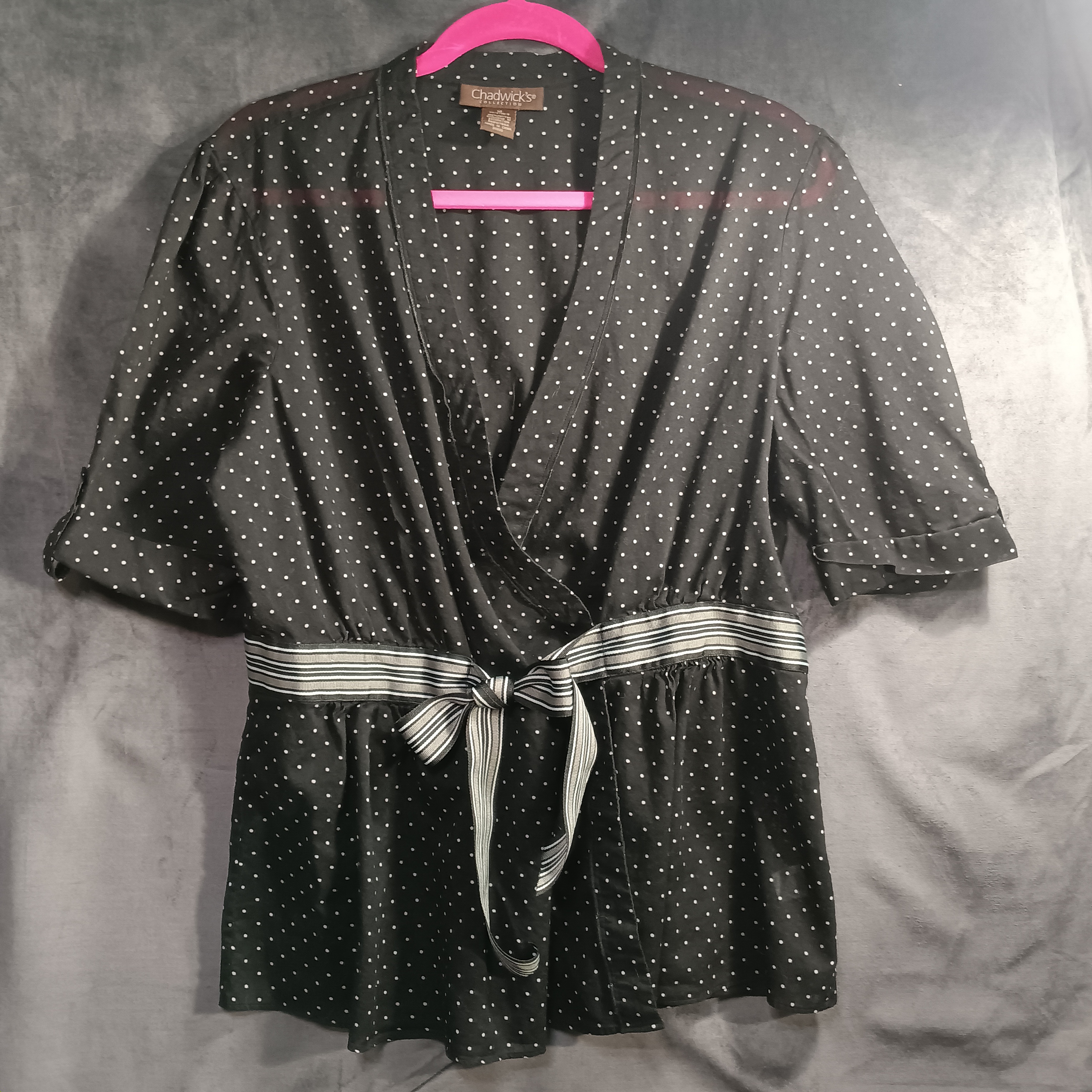 Chadwicks Black Polka Dot Wrap Top With Bow